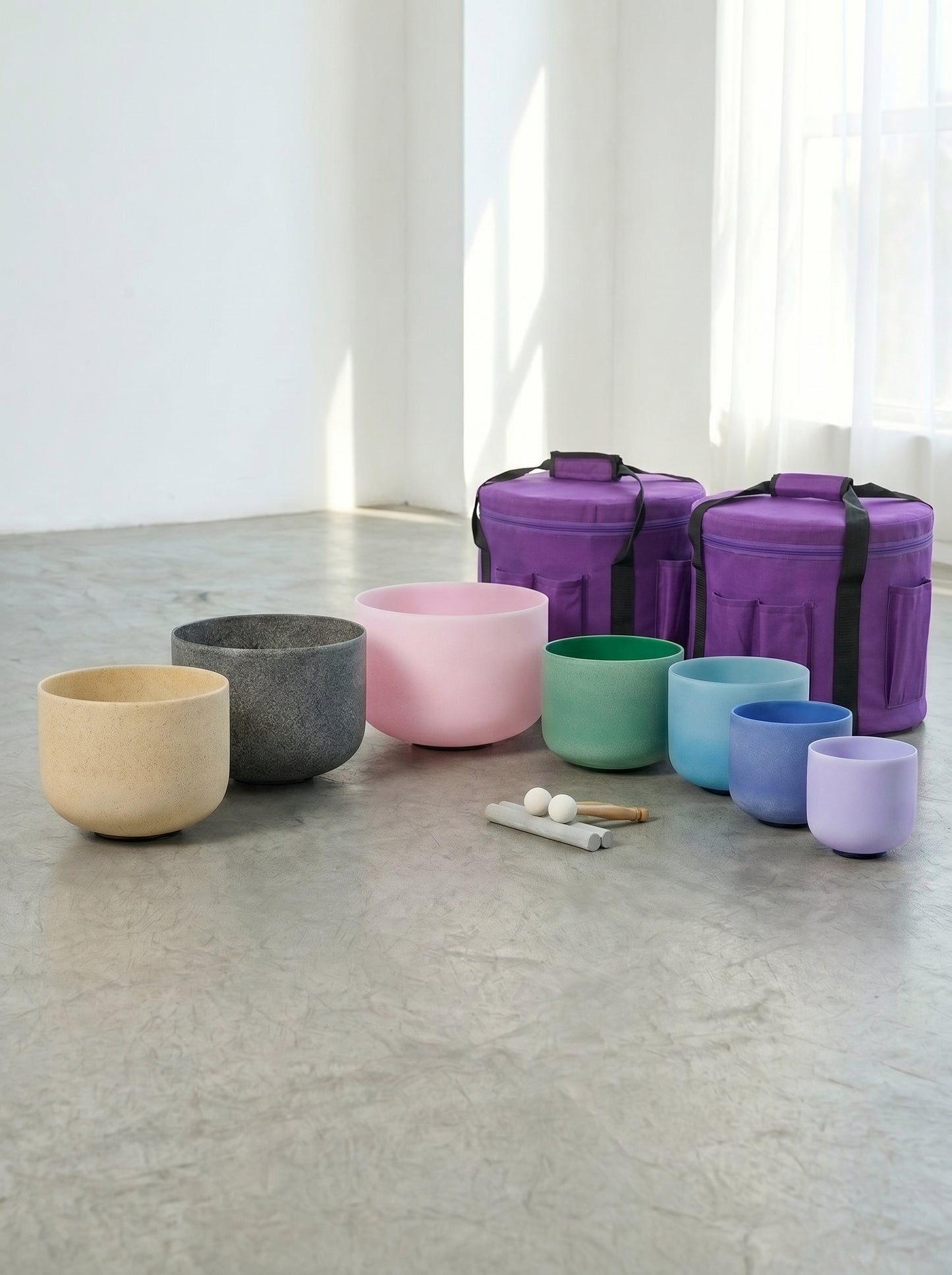 Set de 7 Cuencos de Cuarzo Gemstone 8" - 14" · 432 Hz + Bolsos