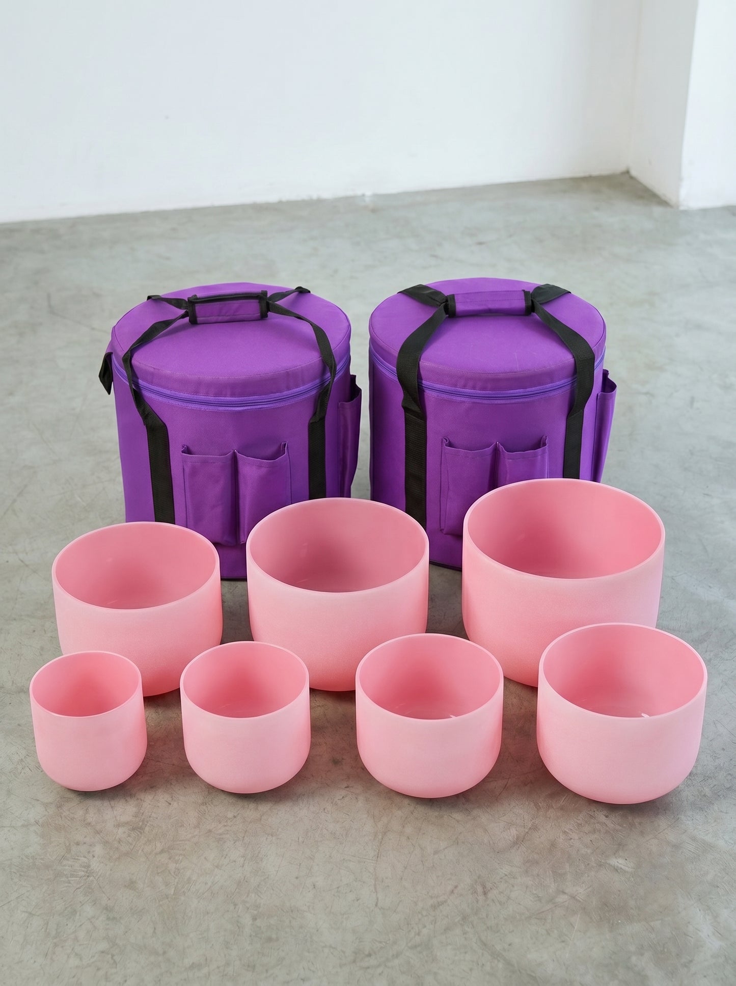 Set de 7 Cuencos de Cuarzo Rosa Pastel 6" - 12" · 432 Hz