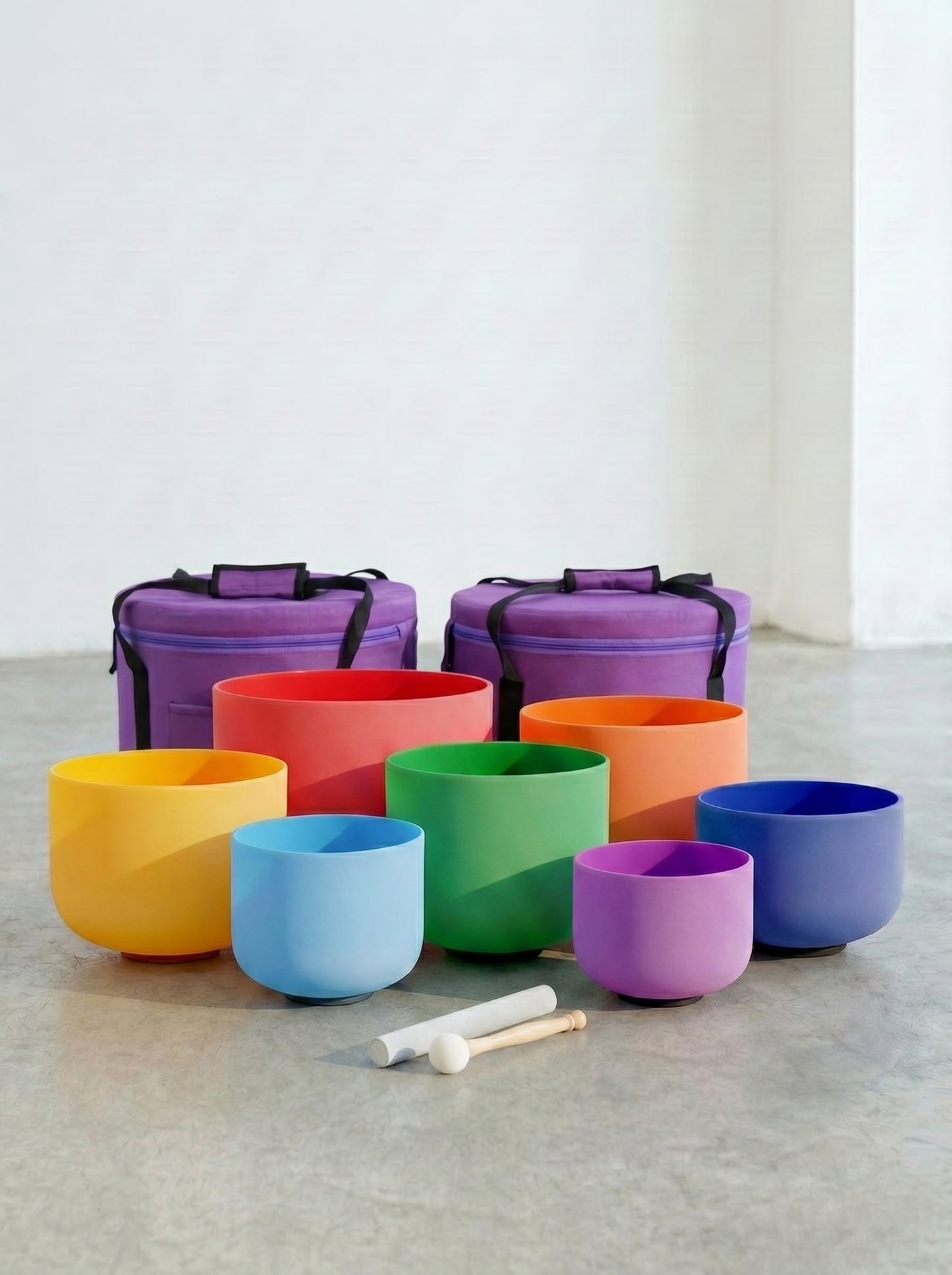 Set de 7 Cuencos de Cuarzo de Colores · 8" - 14" Colores · 432 Hz