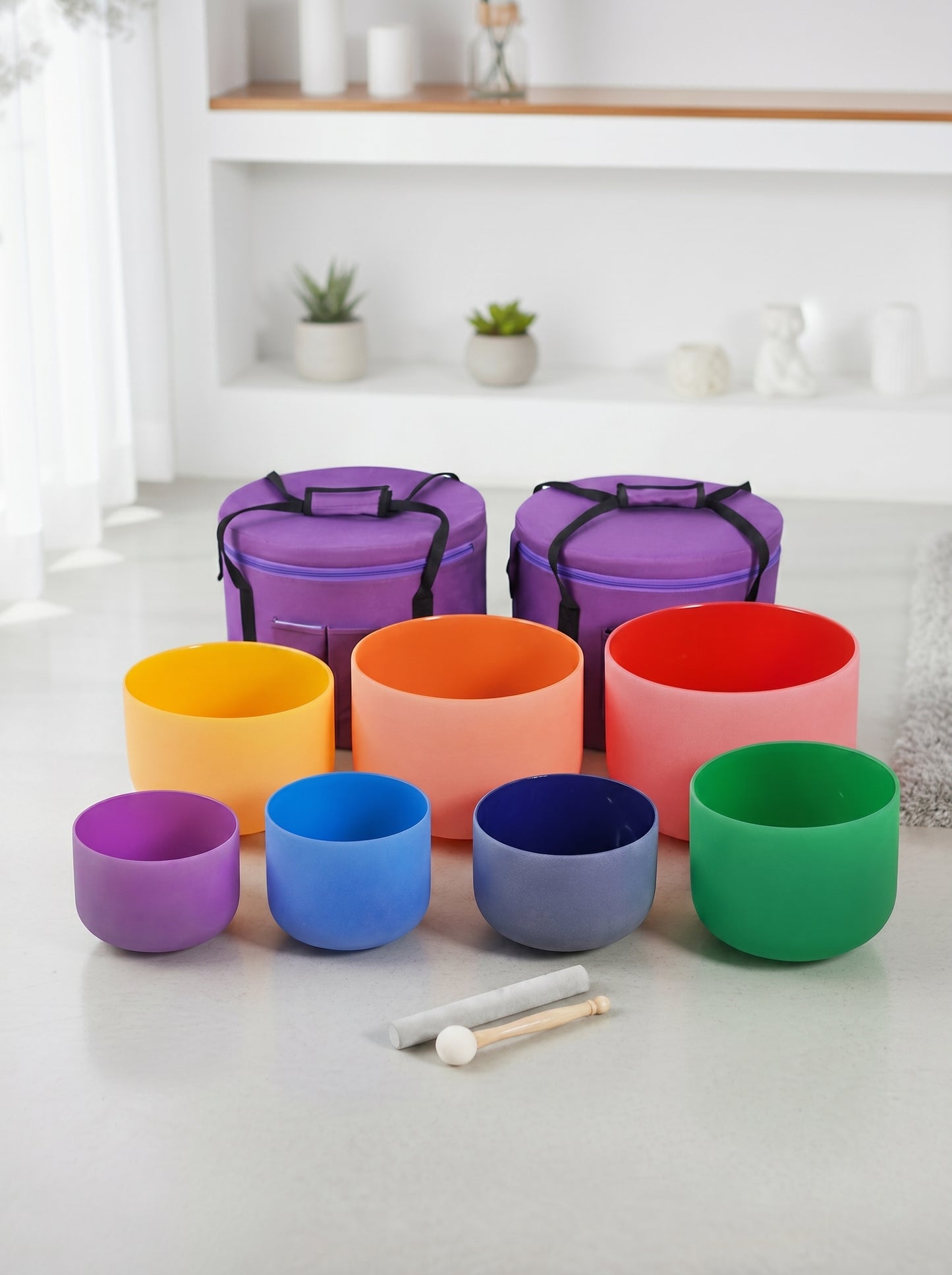 Set de 7 Cuencos de Cuarzo · Colores Puros · 6"-12" · Afinación 432 Hz