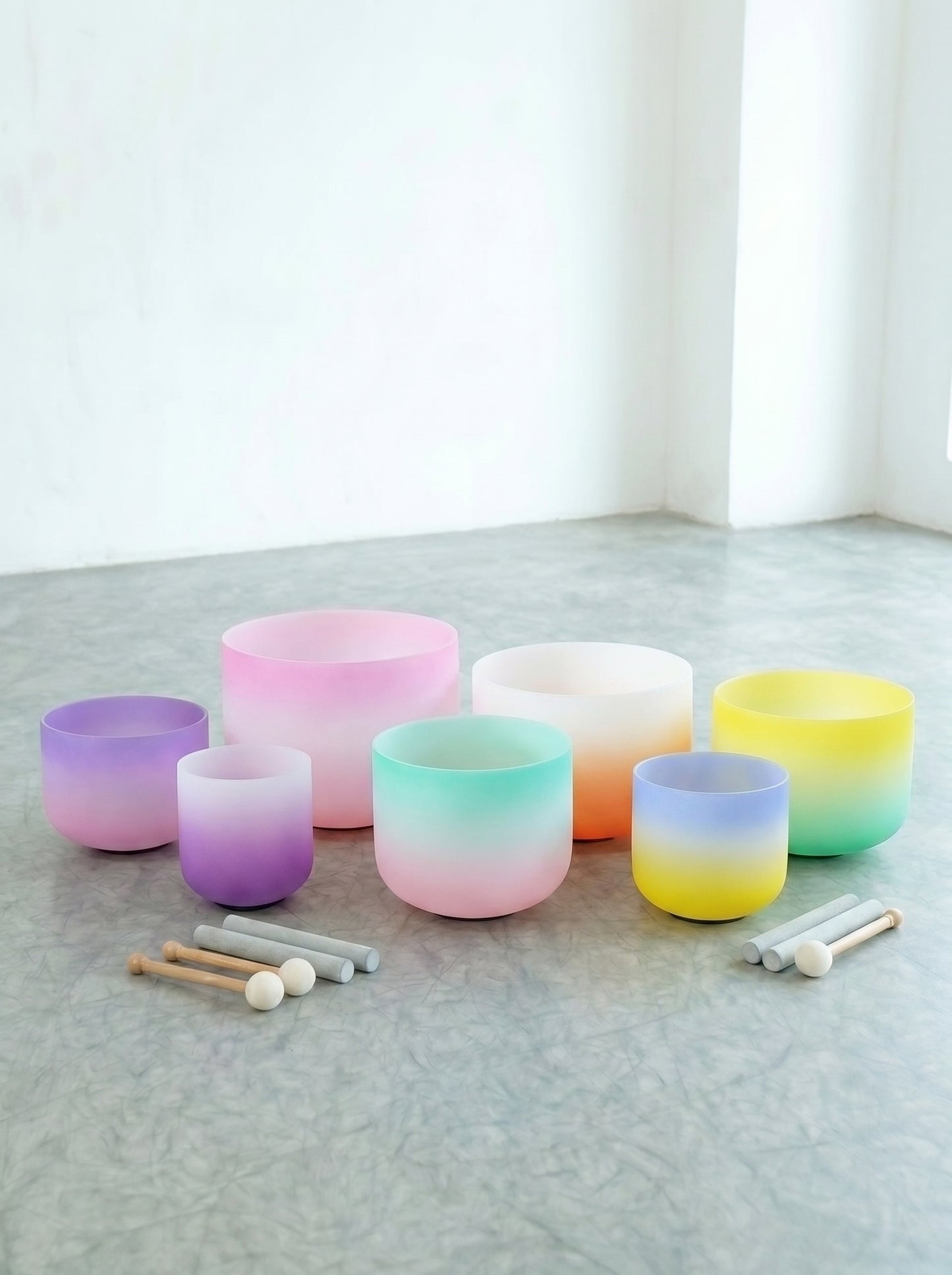 Set de 7 Cuencos de Cuarzo · Gradiente Pastel · 6"-12" · Afinación 432 Hz