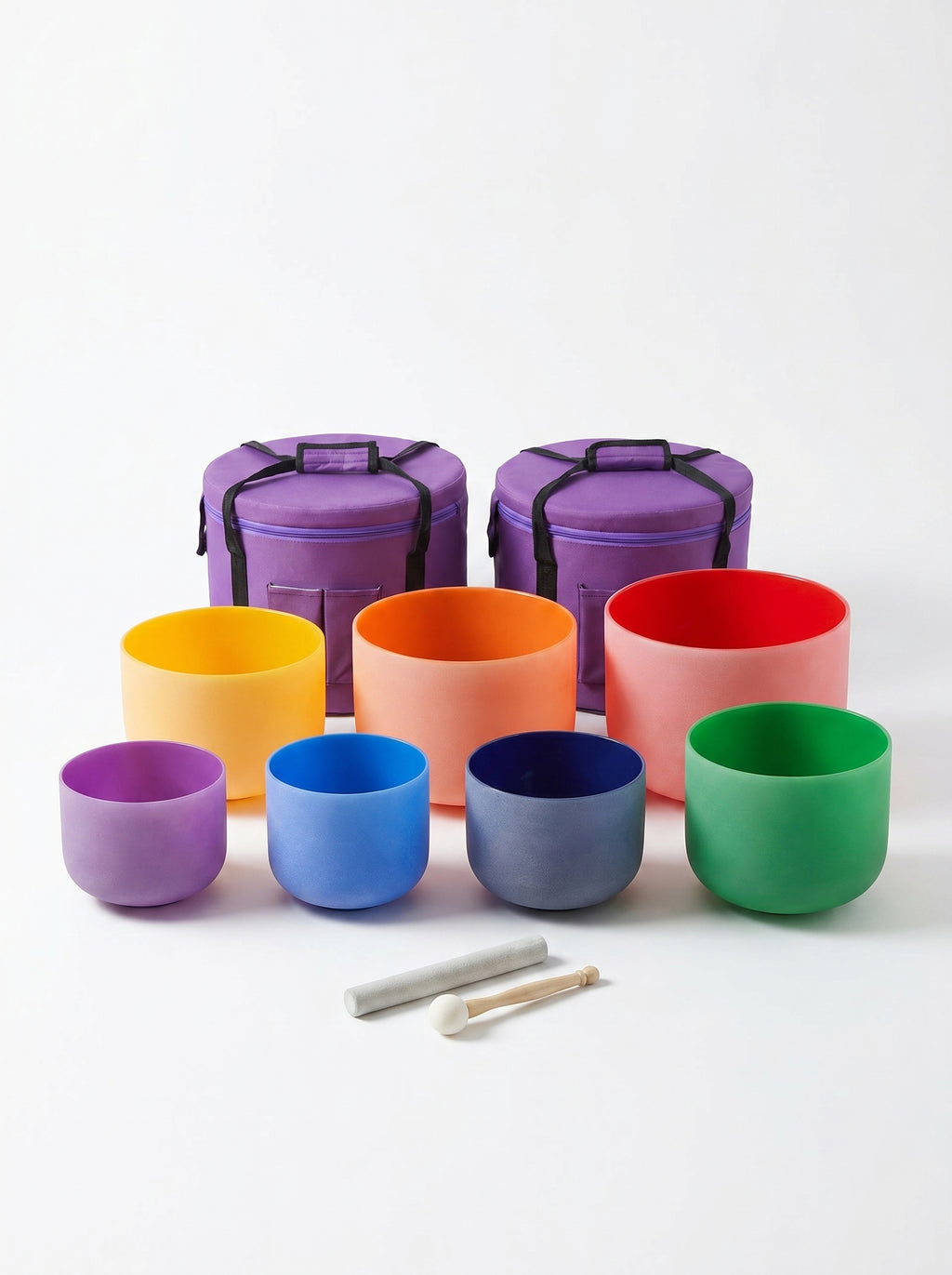 Set de 7 Cuencos de Cuarzo de Colores - Colores Puros 432 Hz Afinación Precisa (8" - 14") + Bolsos
