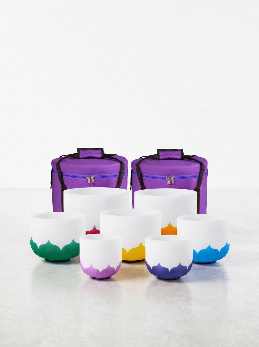 Set de 7 Cuencos de Cuarzo de Colores - Flor de Loto 432 Hz Afinación Precisa (8" - 14") + Bolsos