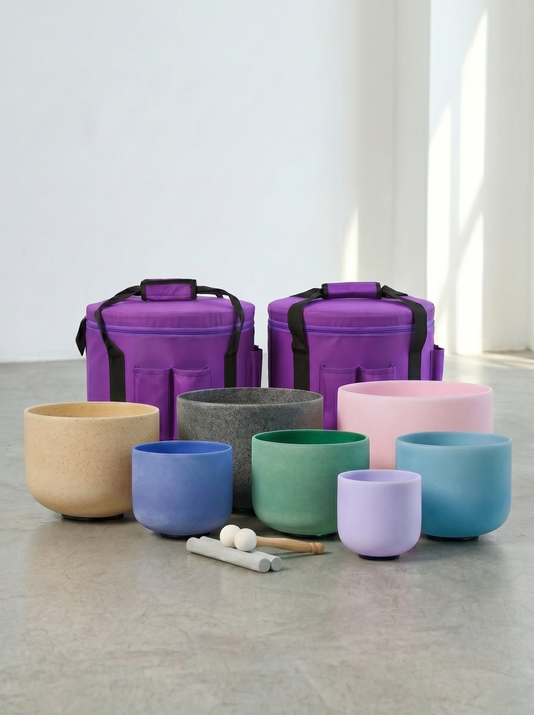Set de 7 Cuencos de Cuarzo Gemstone 6" - 12"  · 432 Hz + Bolsos
